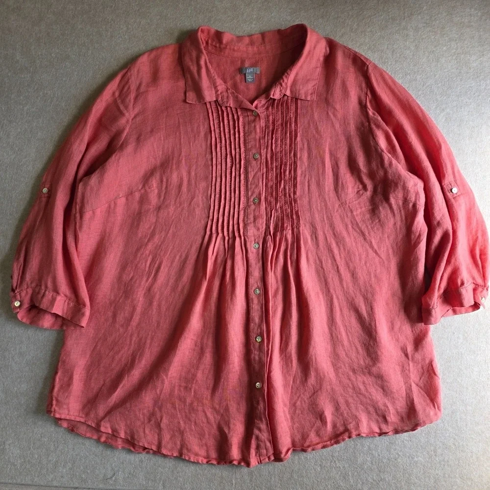 J Jill Linen Button Up Top Sz 2X Pink Pintuck Long Roll Tab Sleeve‎ Boho Beachy - Picture 7 of 13